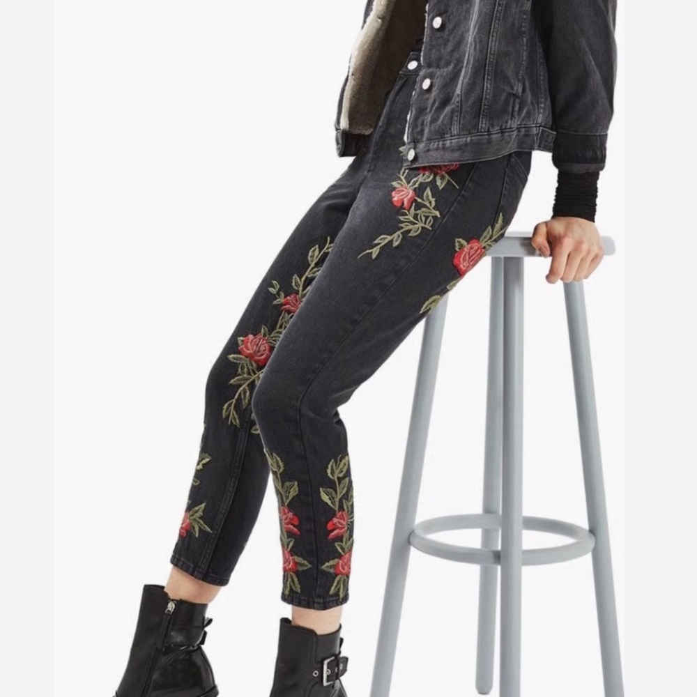 Topshop Black Jeans with Red Floral Embroidery